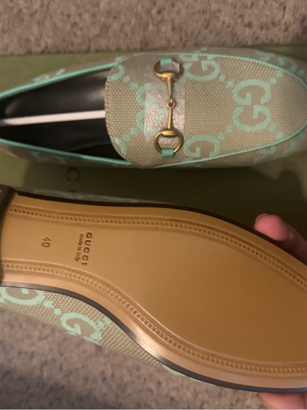 🆕 Gucci jordaan jumbo GG Mint and Beige Horsebit Loafers - Picture 5 of 7